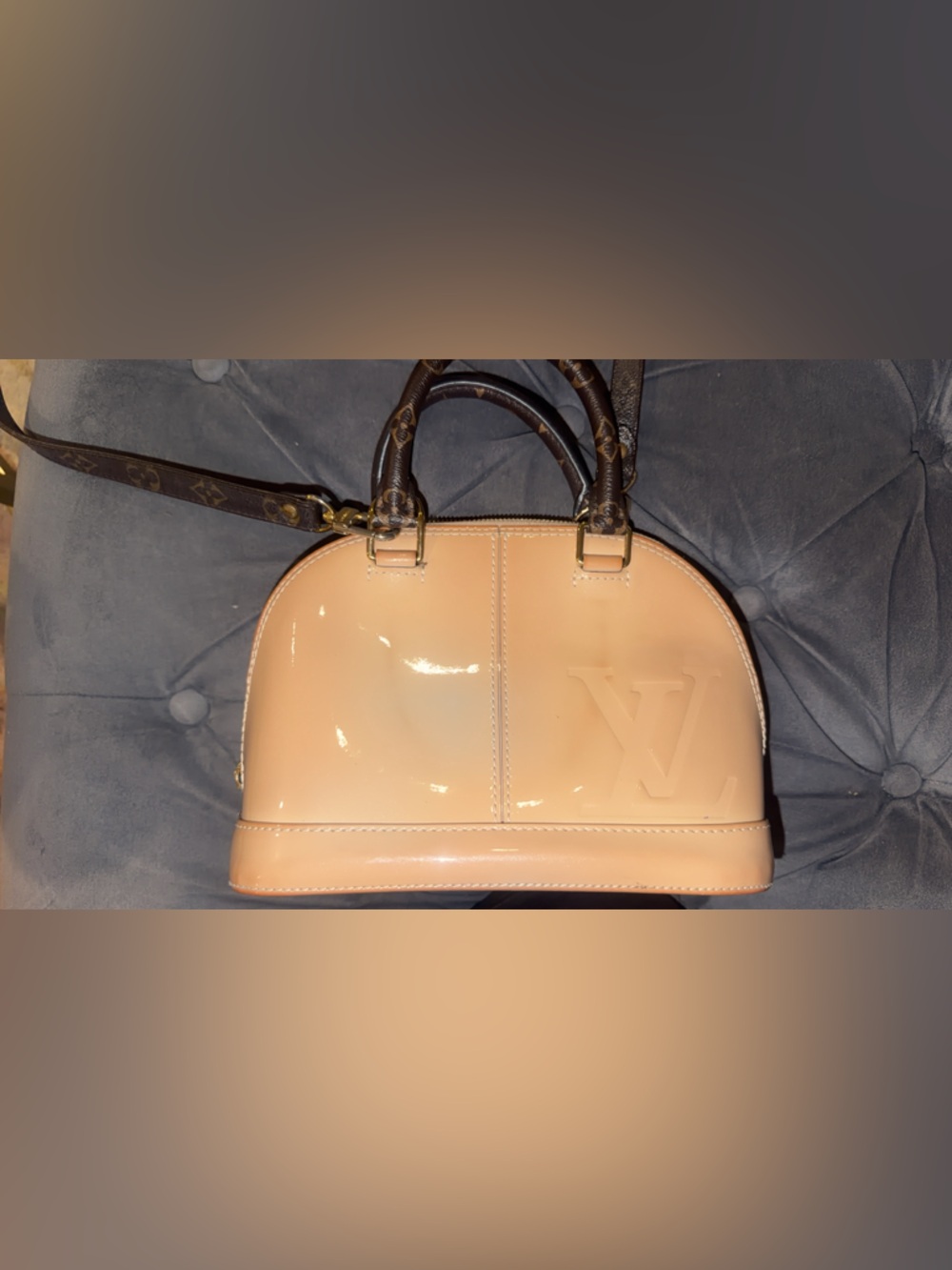 Louis Vuitton Peach Patent Alma Handbag with Monogram Handles